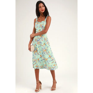 Sunny Meadow Sage Green Floral Print Tie-Back Midi Dress